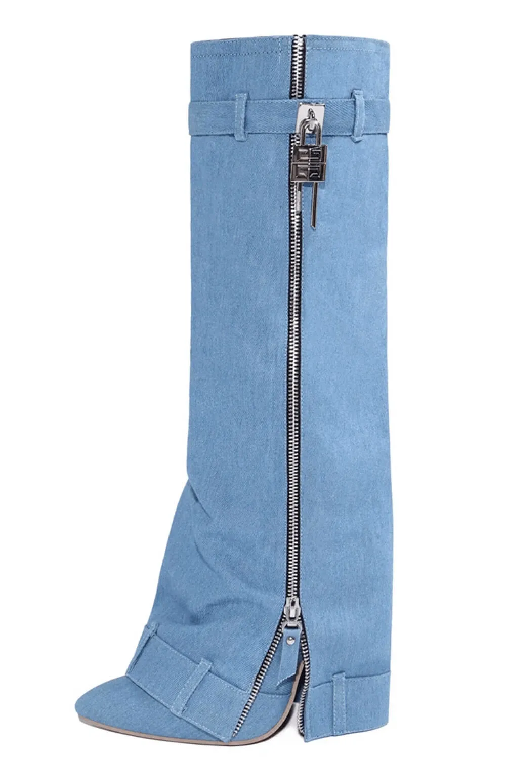 Wrapped Denim Padlock Detail Folded Pointed Stiletto Heel Knee High Long Chunky Biker Boots - Light Blue sold by Floralkini product image thumbnail 2