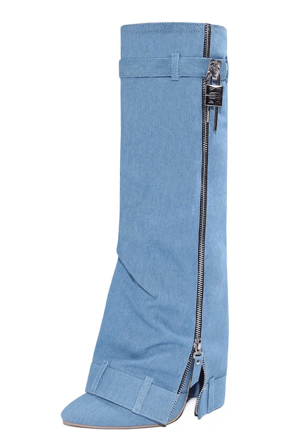 Wrapped Denim Padlock Detail Folded Pointed Stiletto Heel Knee High Long Chunky Biker Boots - Light Blue sold by Floralkini product image thumbnail 4