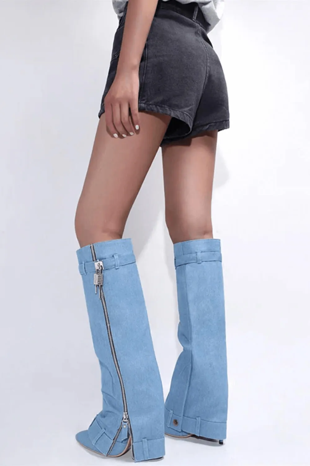 Wrapped Denim Padlock Detail Folded Pointed Stiletto Heel Knee High Long Chunky Biker Boots - Light Blue sold by Floralkini product image thumbnail 3