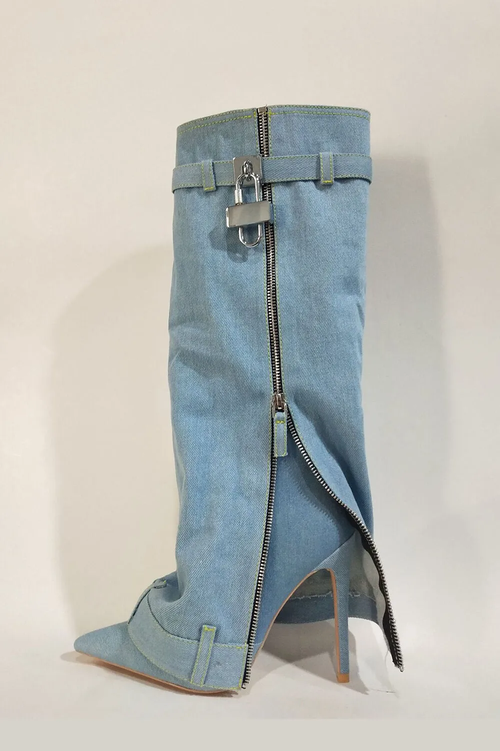 Wrapped Denim Padlock Detail Folded Pointed Stiletto Heel Knee High Long Chunky Biker Boots - Light Blue sold by Floralkini product image thumbnail 5