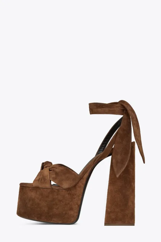 Knotted Ankle-Wrap Open Toe Platform Suede Sandals - Brown sold by Floralkini