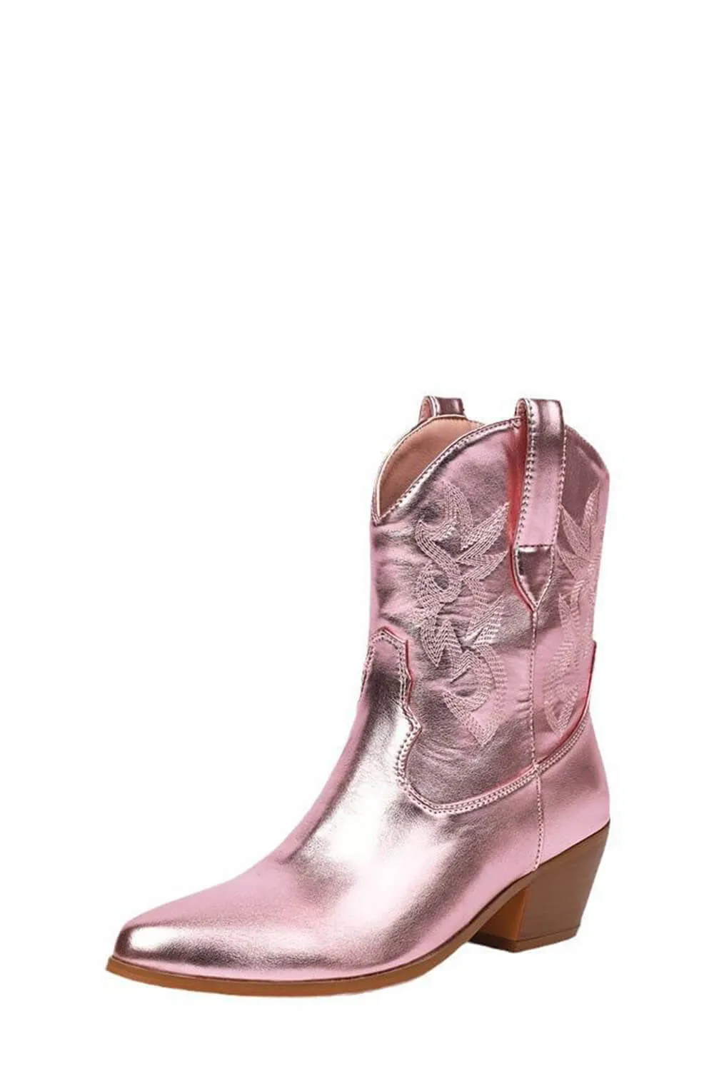 Metallic Western Cowboy Pointed Toe Block Heeled Ankle Boots - Pink sold by Floralkini product image thumbnail 5