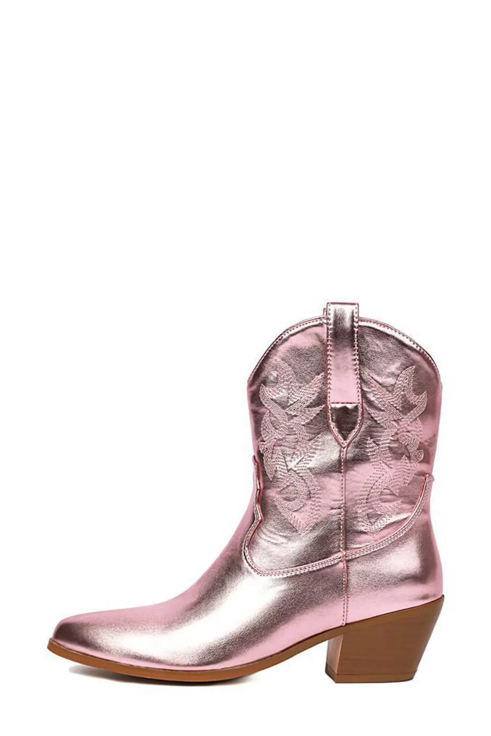 Metallic Western Cowboy Pointed Toe Block Heeled Ankle Boots - Pink sold by Floralkini product image thumbnail 2