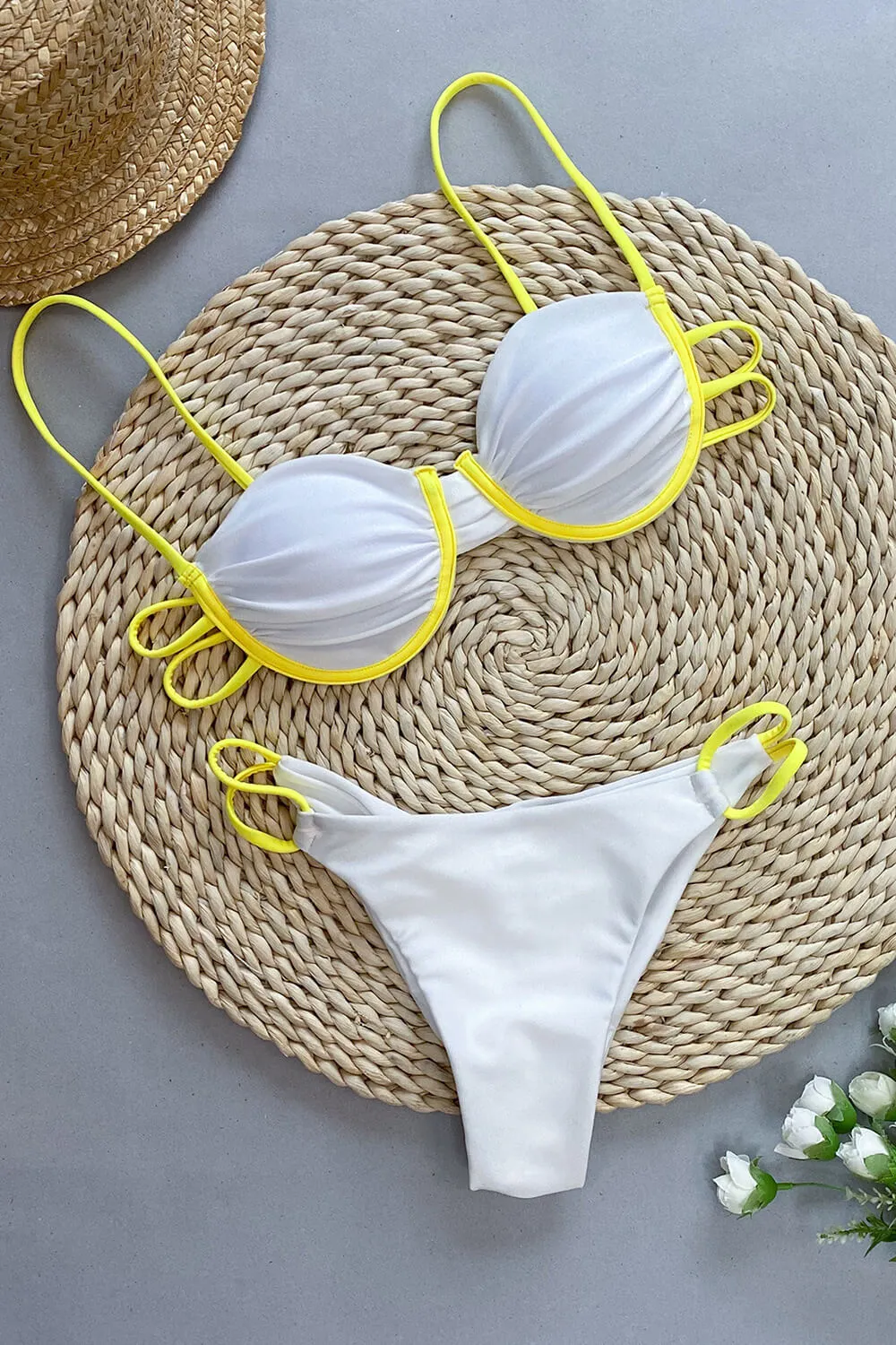 Contrast Trim Ruched Underwire Bralette High Leg Scrunch Back Bikini Set - Yellow sold by Floralkini