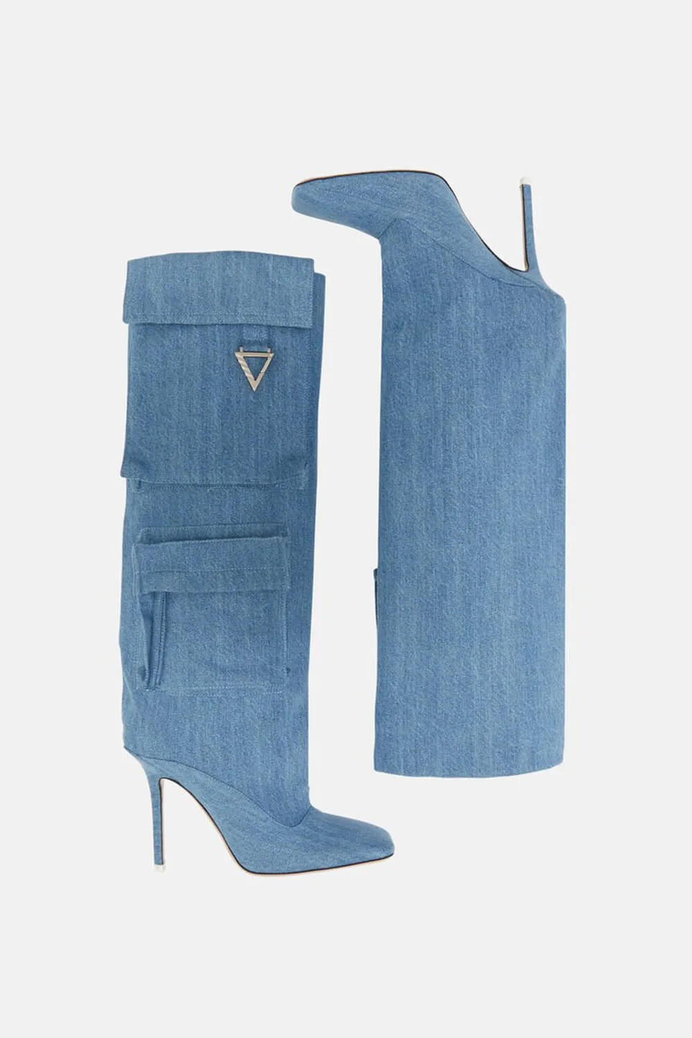 Denim Flap Pocket Embellished Square Toe Knee-High Stiletto Heeled Boots - Blue sold by Floralkini product image thumbnail 4