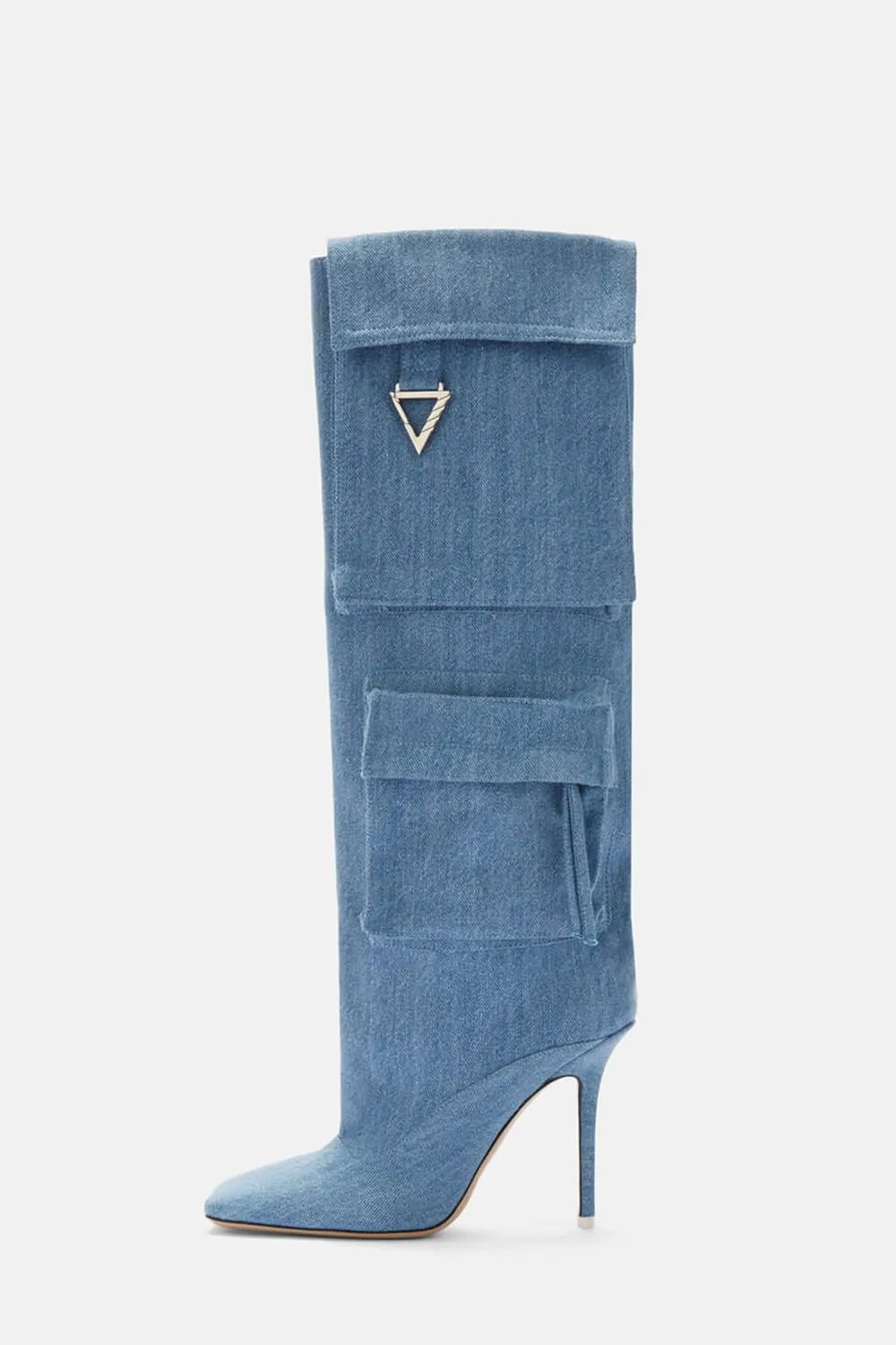 Denim Flap Pocket Embellished Square Toe Knee-High Stiletto Heeled Boots - Blue sold by Floralkini product image thumbnail 2