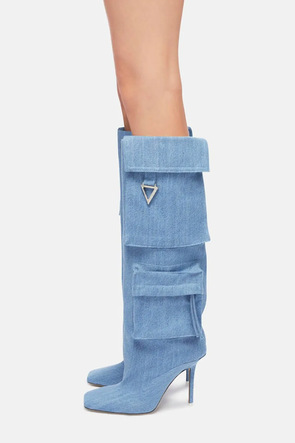 Denim Flap Pocket Embellished Square Toe Knee-High Stiletto Heeled Boots - Blue sold by Floralkini