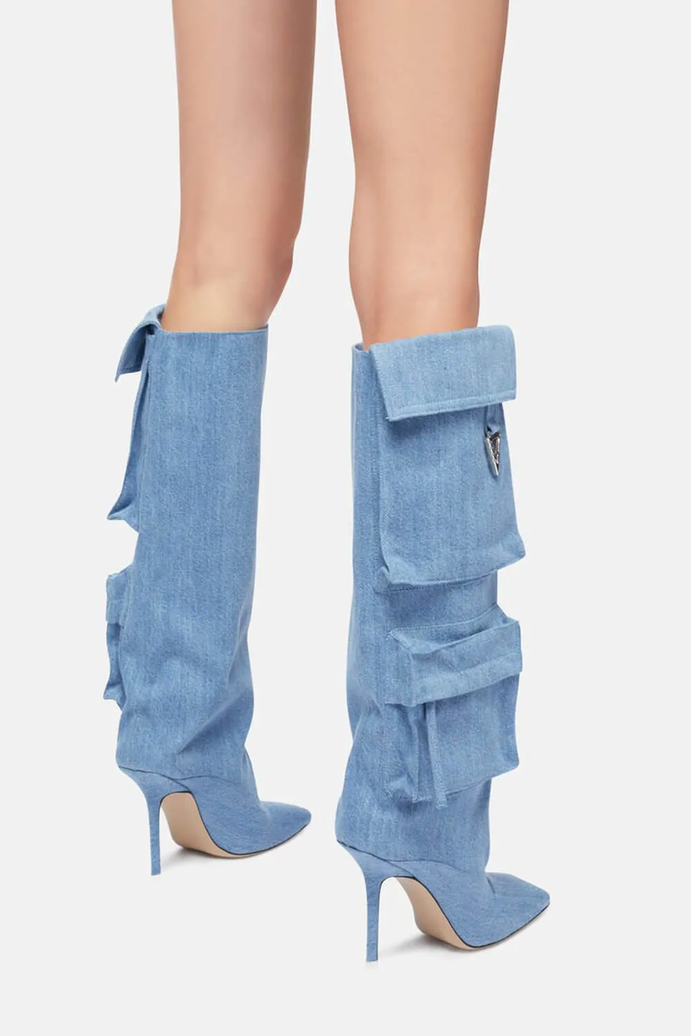 Denim Flap Pocket Embellished Square Toe Knee-High Stiletto Heeled Boots - Blue sold by Floralkini product image thumbnail 3
