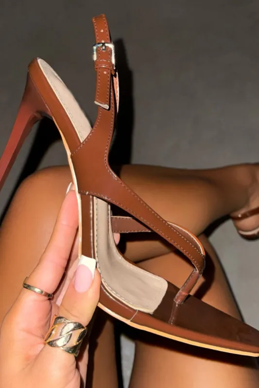 Patent Toe Thong Square Toe Slingback High Heels - Brown sold by Floralkini