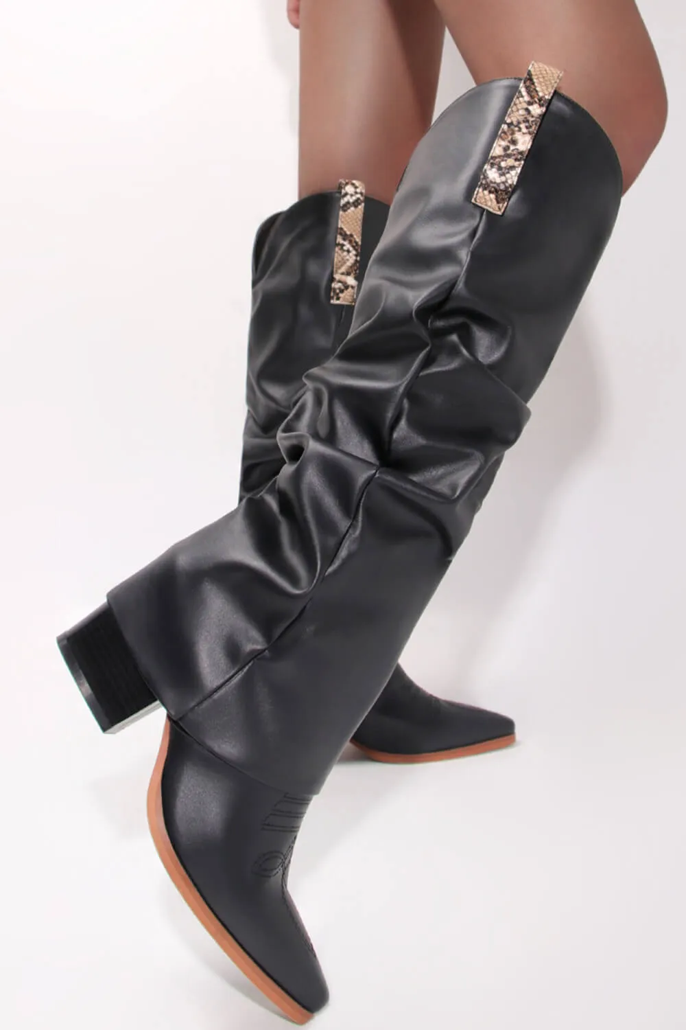 Faux Leather Pointed Toe Western Foldover Knee-High Boots - Black sold by Floralkini