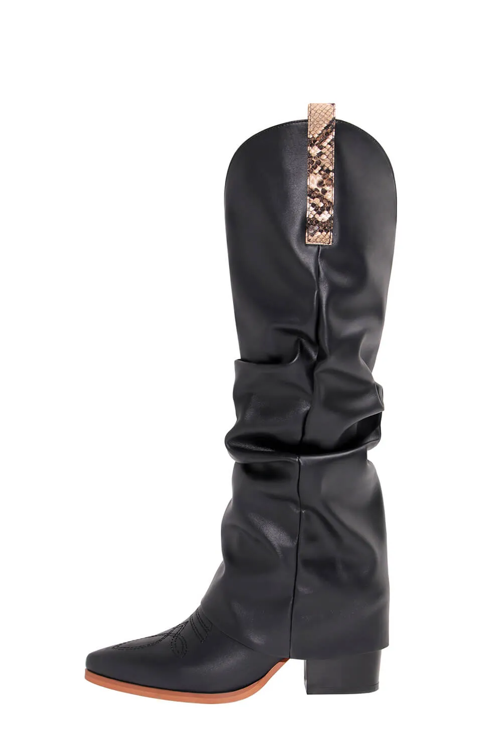 Faux Leather Pointed Toe Western Foldover Knee-High Boots - Black sold by Floralkini product image thumbnail 2