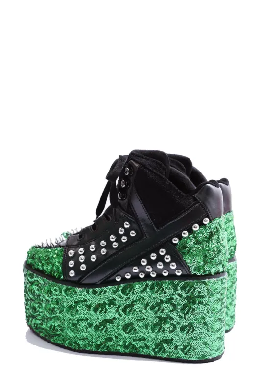 Green Sequined Lace Up Platform Sneakers With Studded Details - Black sold by Floralkini