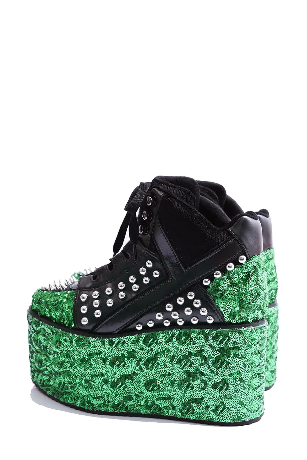 Green Sequined Lace Up Platform Sneakers With Studded Details - Black sold by Floralkini