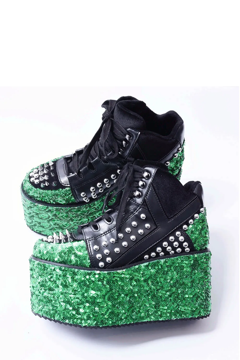 Green Sequined Lace Up Platform Sneakers With Studded Details - Black sold by Floralkini product image thumbnail 2