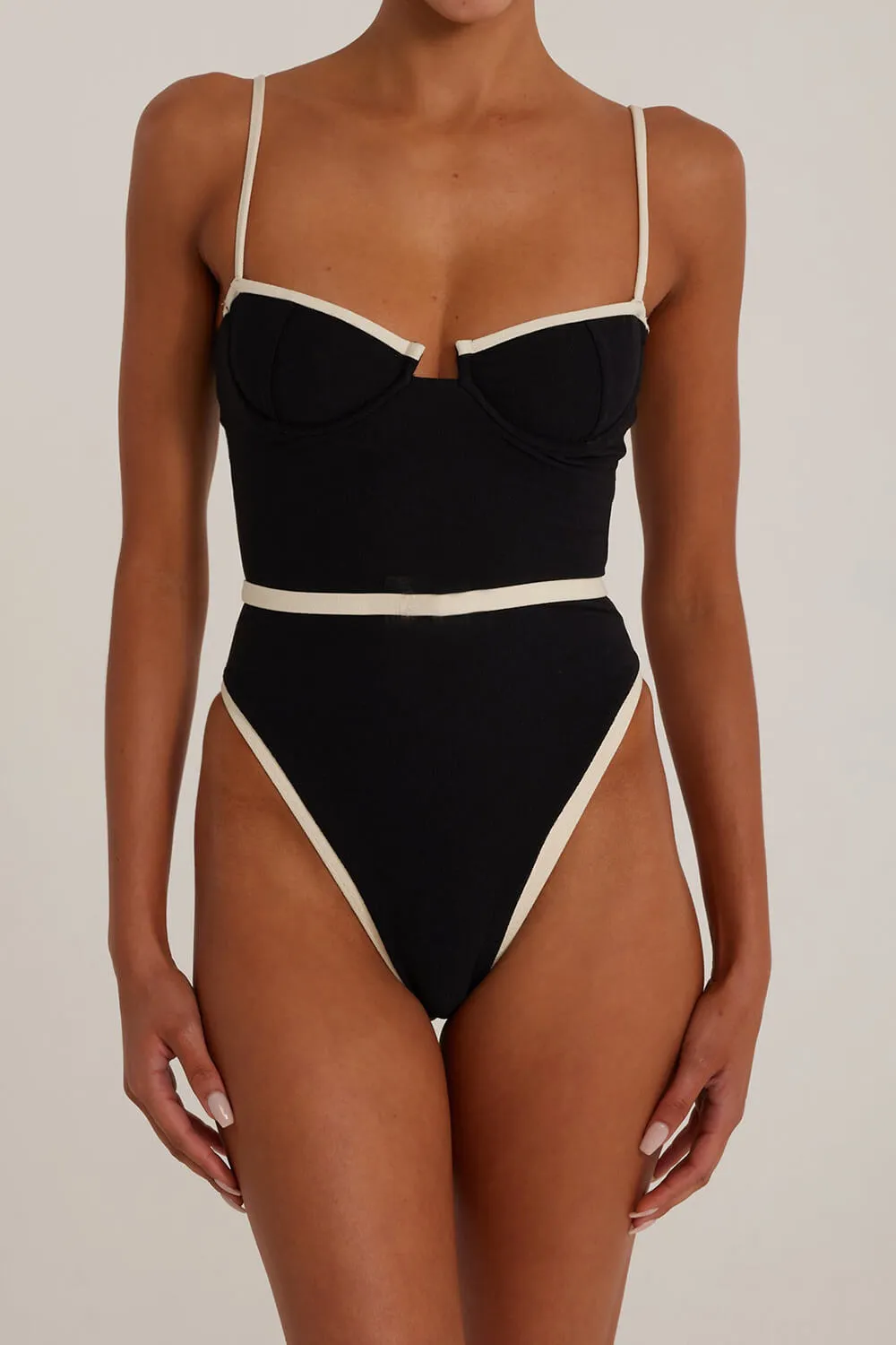 Underwire Contrast Trim High Rise One Piece Swimsuit - Black sold by Floralkini product image thumbnail 2