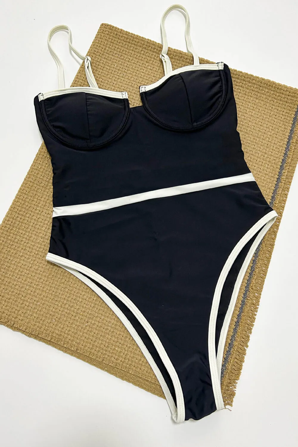 Underwire Contrast Trim High Rise One Piece Swimsuit - Black sold by Floralkini product image thumbnail 4