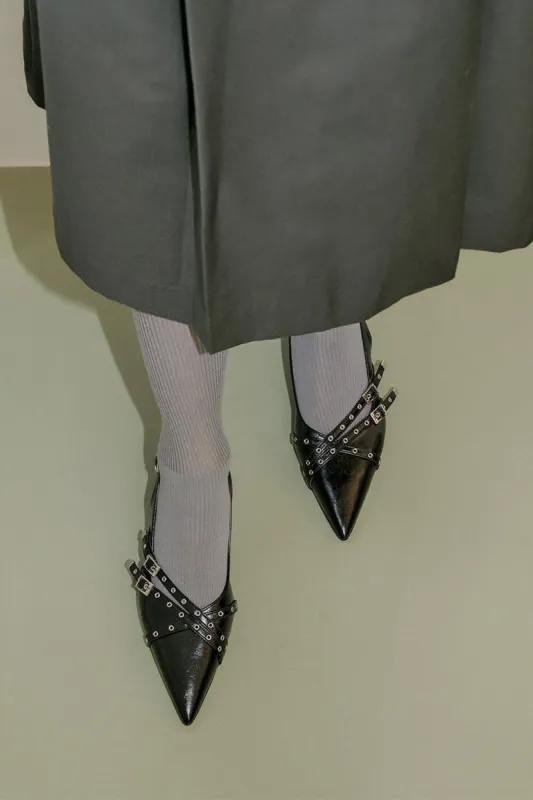 Buckle Faux Leather Pointed Toe Sling Back Court Shoes - Black sold by Floralkini