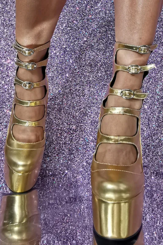 Gold Strappy Round Toe Platform Mary Jane Heels sold by Floralkini