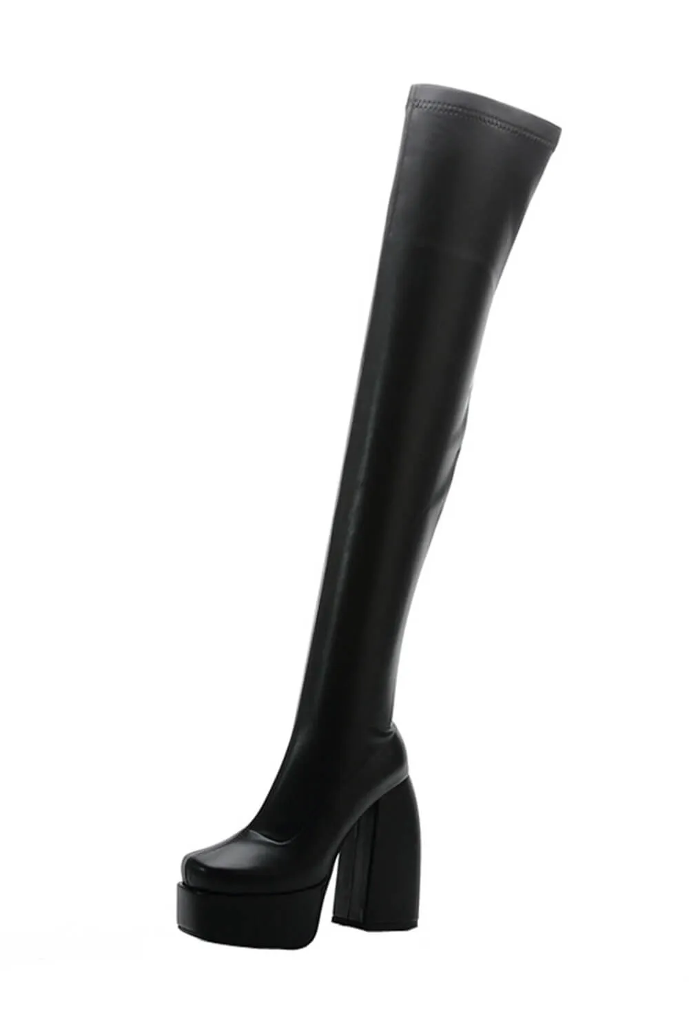 Faux Leather Square Toe Platform Block Heel Thigh High Boots - Black sold by Floralkini product image thumbnail 3