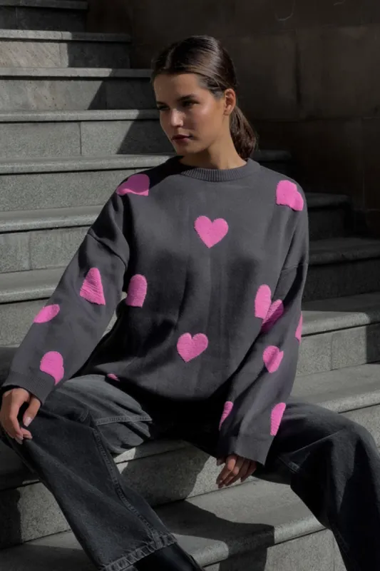 Heart Pattern Crew Neck Knit Jumper - Gray & Pink sold by Floralkini