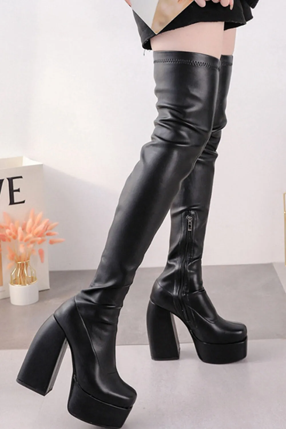 Faux Leather Square Toe Platform Block Heel Thigh High Boots - Black sold by Floralkini