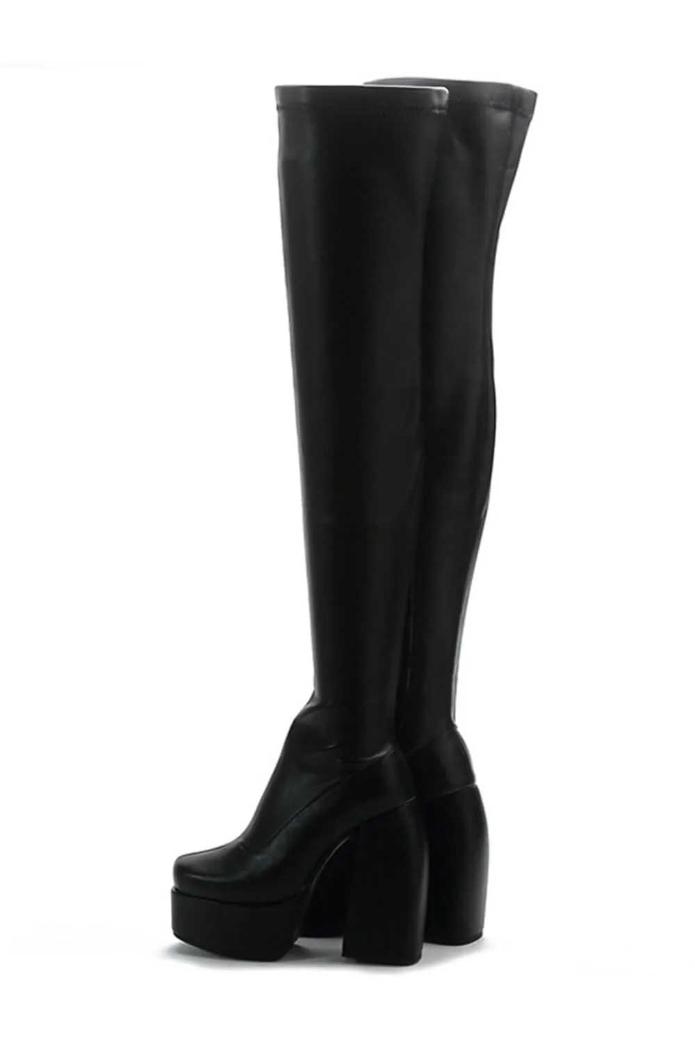 Faux Leather Square Toe Platform Block Heel Thigh High Boots - Black sold by Floralkini product image thumbnail 2