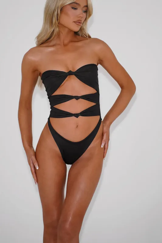Knot Cut Out Strapless One Piece Swimsuit - Black sold by Floralkini