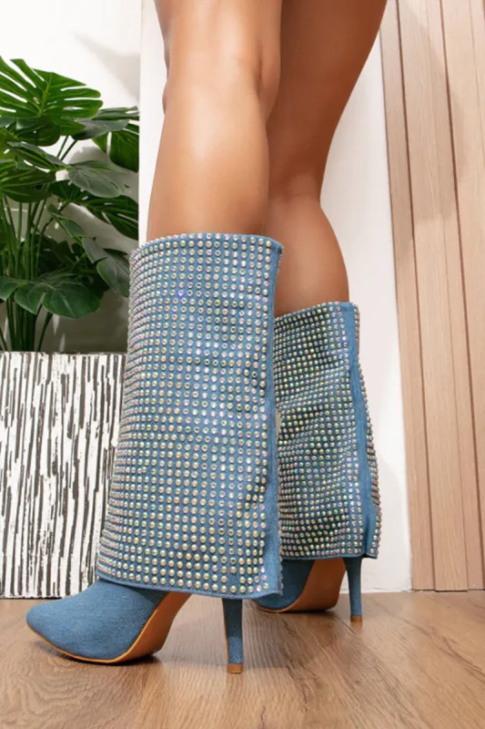 Blue Denim Diamante Fold Over Mid-Calf Boots sold by Floralkini