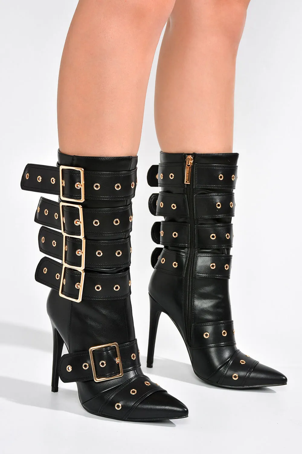 Multi Buckle Pointed Toe Ankle High Heel Boots - Black sold by Floralkini product image thumbnail 4
