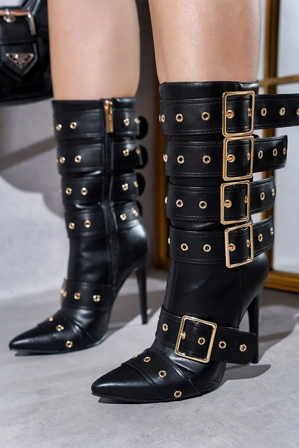 Multi Buckle Pointed Toe Ankle High Heel Boots - Black sold by Floralkini