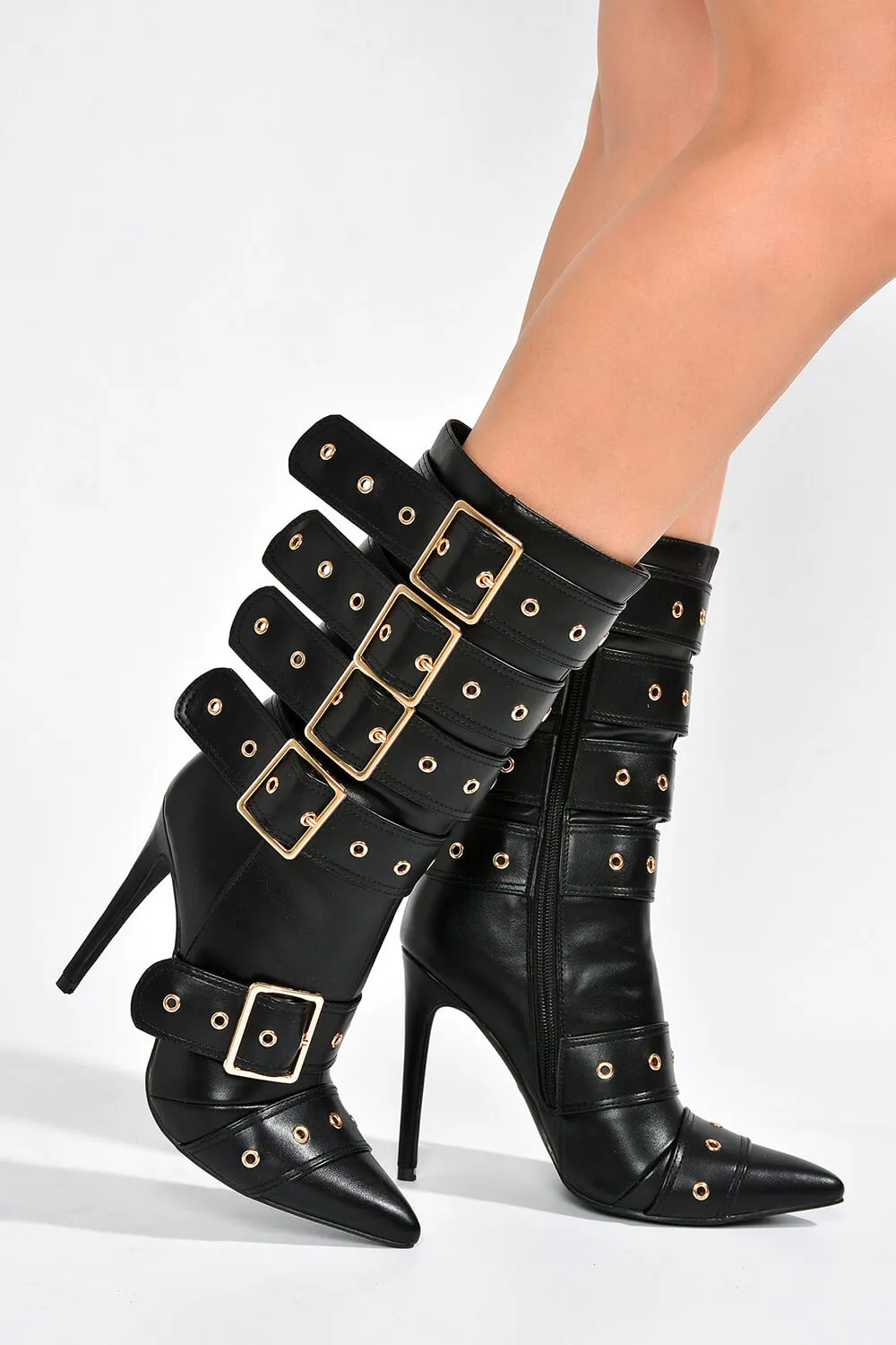 Multi Buckle Pointed Toe Ankle High Heel Boots - Black sold by Floralkini product image thumbnail 3