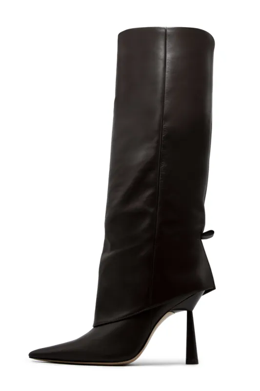 Faux Leather Folded Over Heeled Knee High Long Boots - Chocolate sold by Floralkini