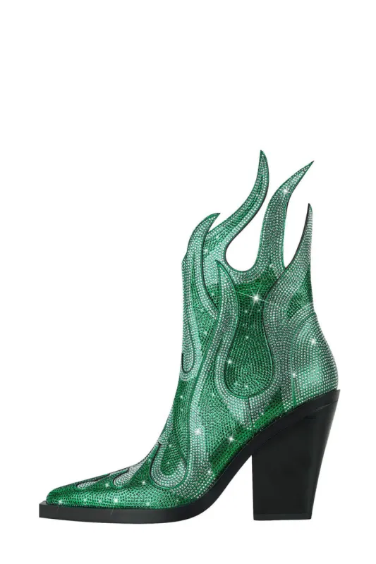 Rhinestone-Embellished Flame Mid-Calf Western Cowboy Pointed Toe Block Heeled Boots - Green sold by Floralkini