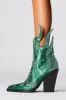 Rhinestone-Embellished Flame Mid-Calf Western Cowboy Pointed Toe Block Heeled Boots - Green sold by Floralkini