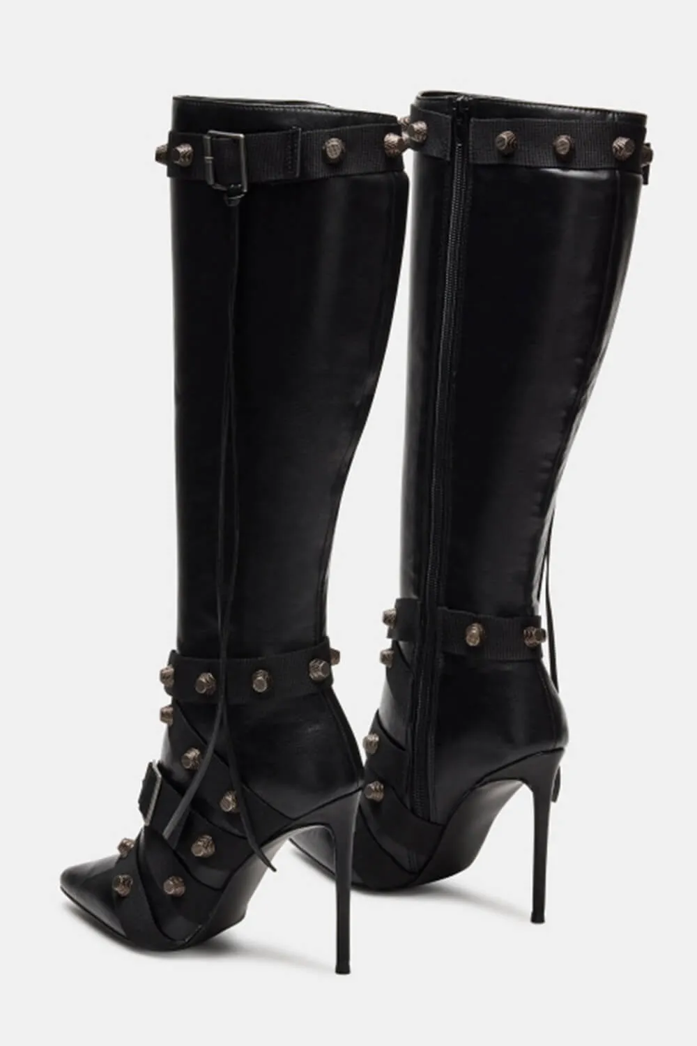 Pointed Toe Knee-High Stiletto Boots With Studs And Pin Buckle Strap Details - Black sold by Floralkini product image thumbnail 3