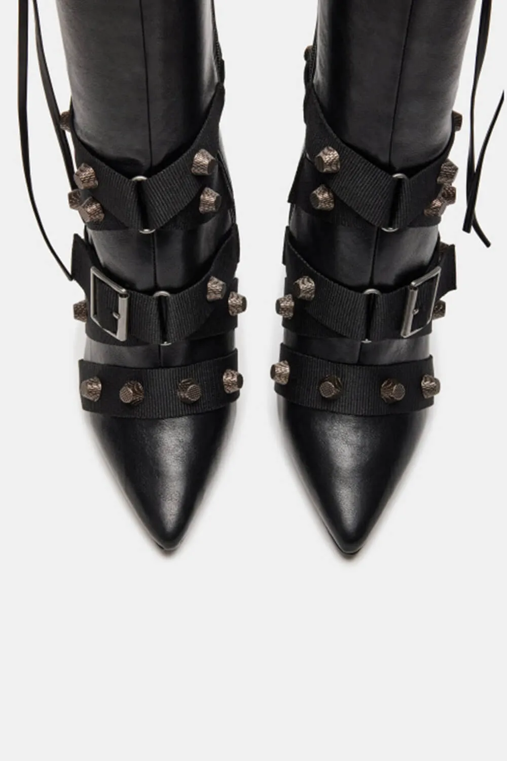Pointed Toe Knee-High Stiletto Boots With Studs And Pin Buckle Strap Details - Black sold by Floralkini product image thumbnail 4