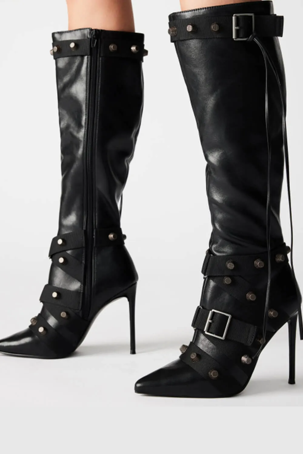 Pointed Toe Knee-High Stiletto Boots With Studs And Pin Buckle Strap Details - Black sold by Floralkini