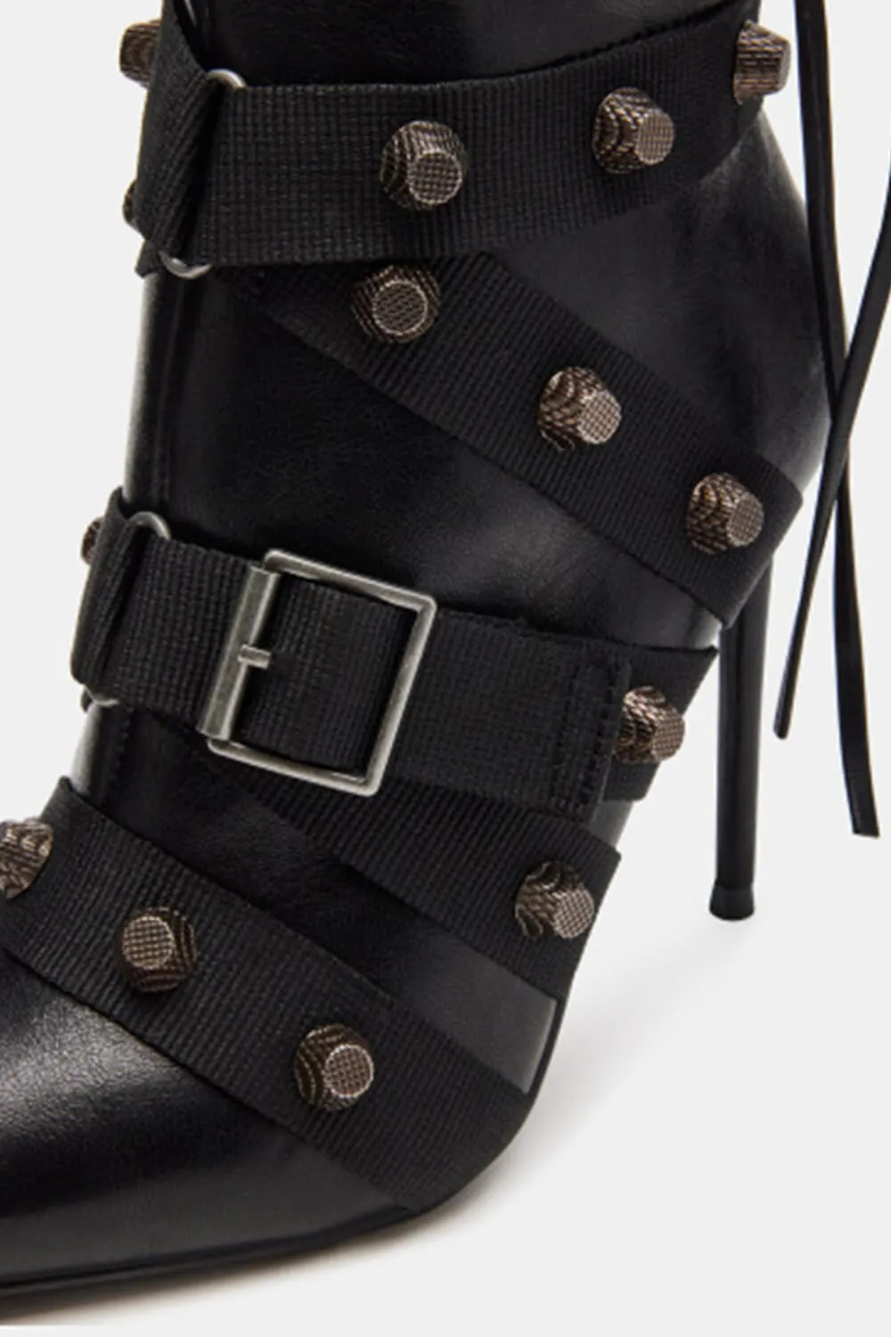 Pointed Toe Knee-High Stiletto Boots With Studs And Pin Buckle Strap Details - Black sold by Floralkini product image thumbnail 5