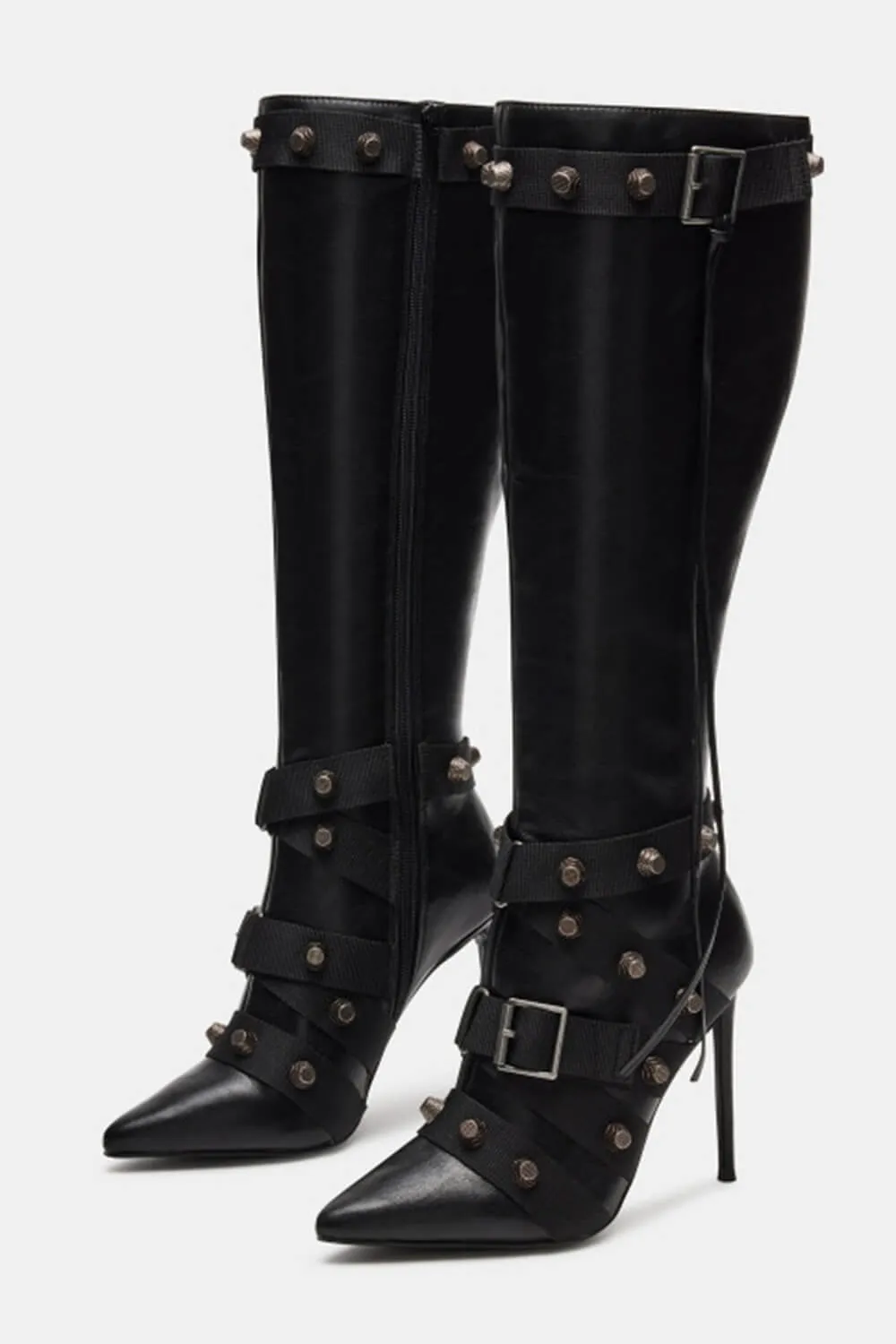 Pointed Toe Knee-High Stiletto Boots With Studs And Pin Buckle Strap Details - Black sold by Floralkini product image thumbnail 2