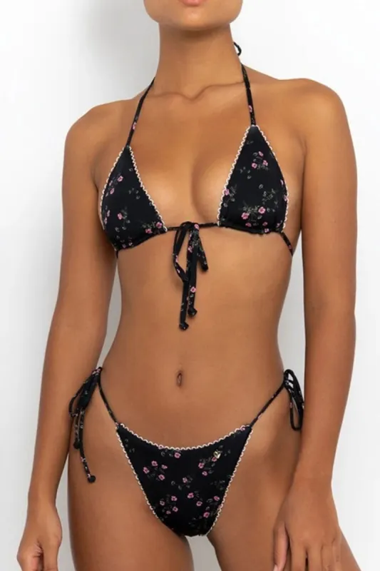 Floral Print Picot Trim Triangle Halter Tie Side Bikini Set - Black sold by Floralkini