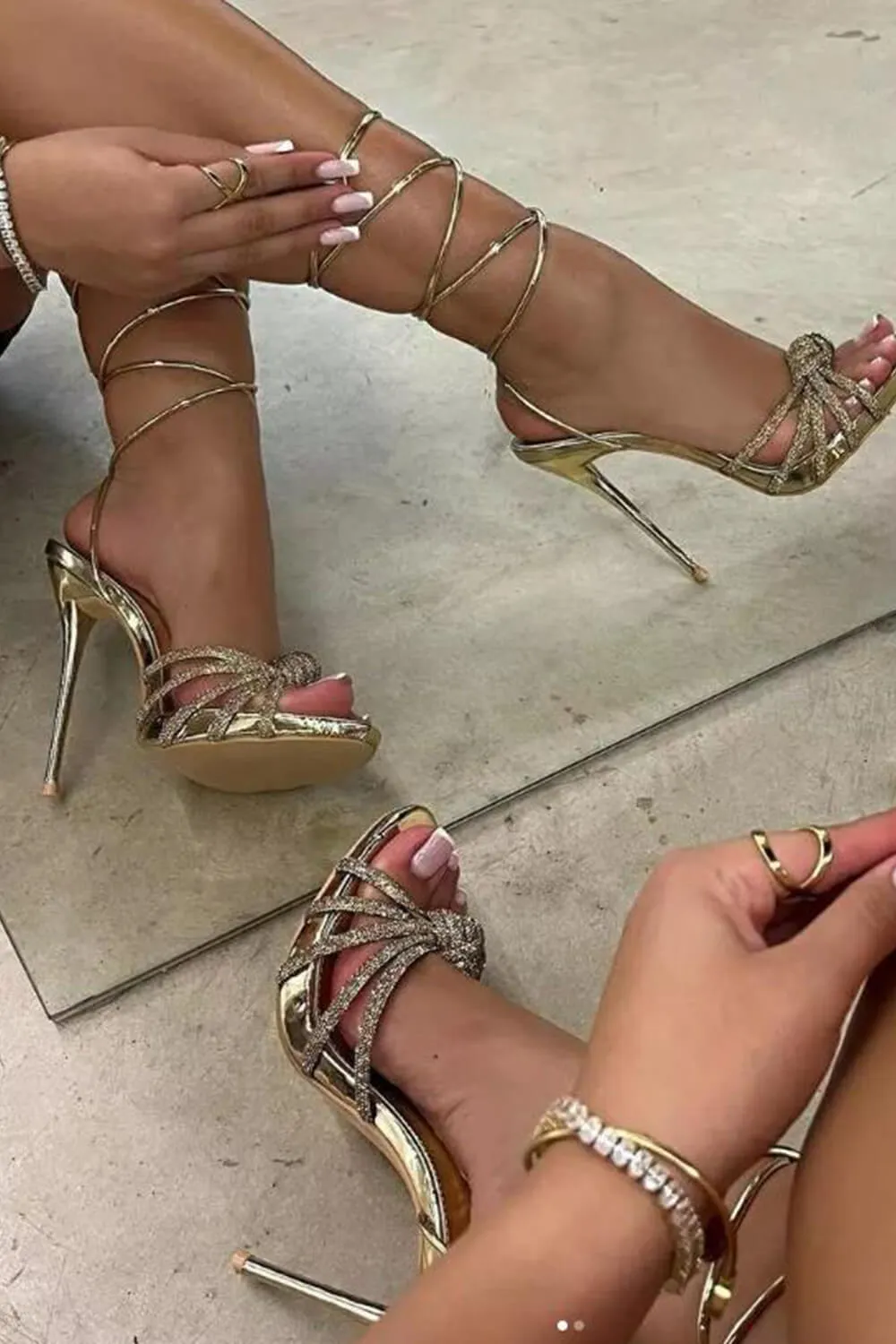 Faux Leather Diamante Knot Pointed Toe Lace Up Heels - Gold sold by Floralkini