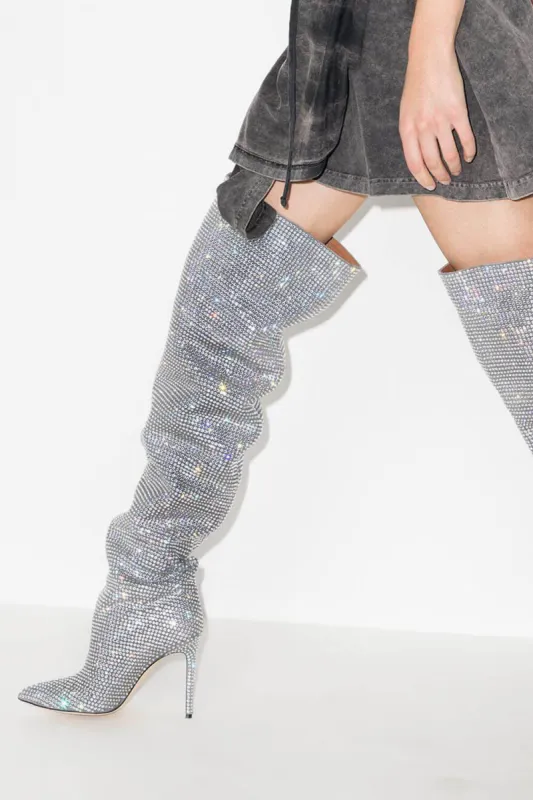 Crystal-Embellished Point Toe Over The Knee Slouch Stiletto Heeled Boots - Silver sold by Floralkini