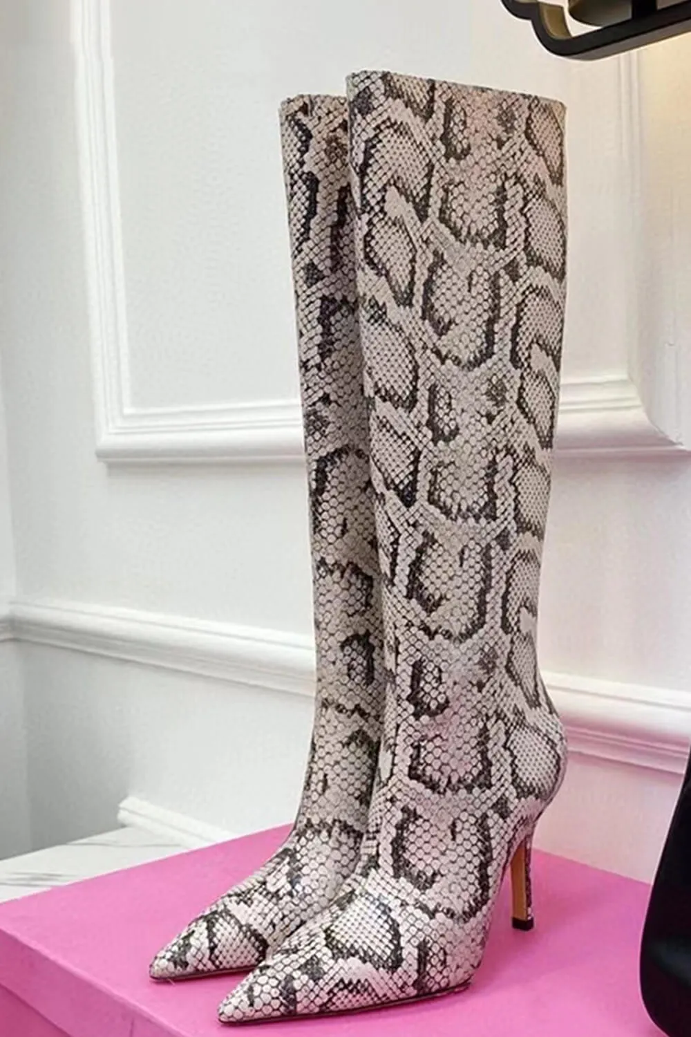 Snake Faux Leather Pointed Toe Knee High Stiletto Boots sold by Floralkini