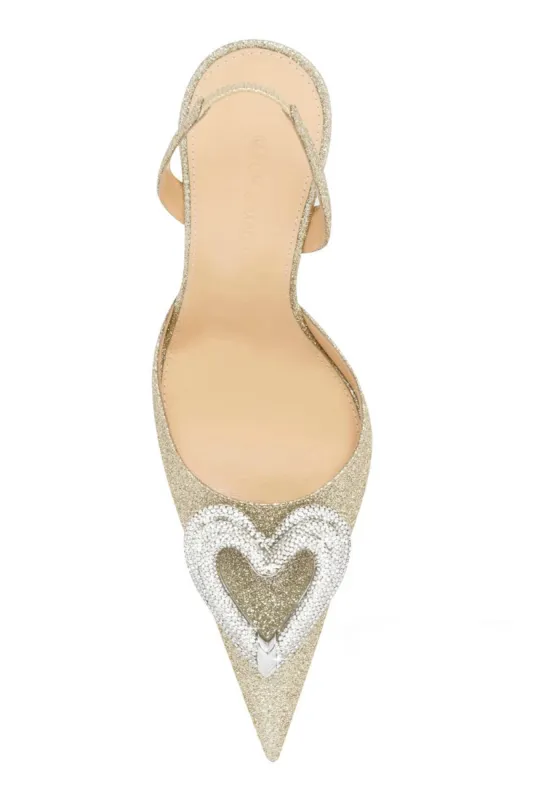 Beige Glitter Triple Heart Crystal-Embellished Wrap Around Pointed Toe Stiletto Heels sold by Floralkini