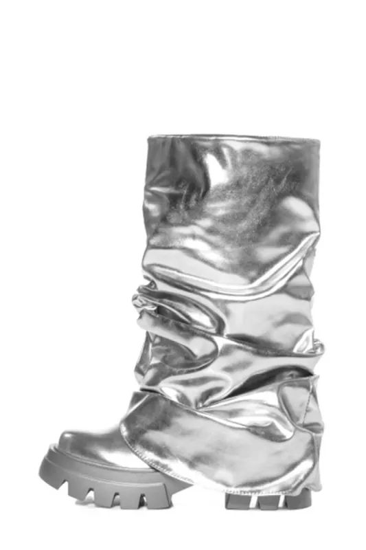 Metallic Scrunched Foldover Mid Calf Flatform Chunky Boots - Silver sold by Floralkini