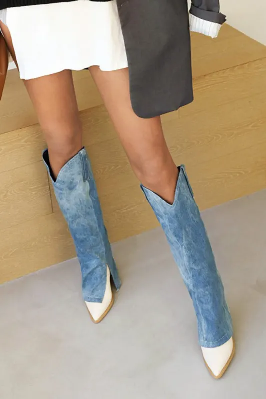 Denim Folded Pointed Toe Block Heel Knee High Boots sold by Floralkini