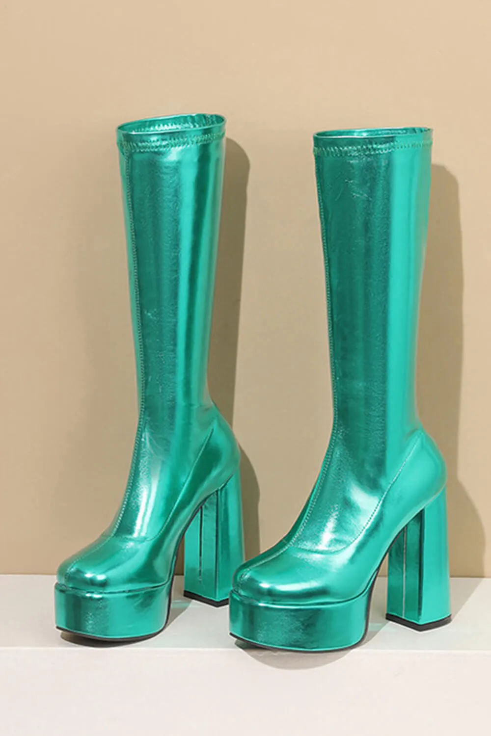 Metallic Faux Leather Platform Block Heel Knee High Boots - Green sold by Floralkini product image thumbnail 2