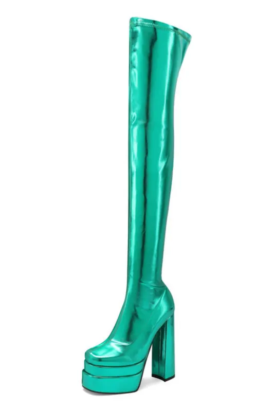 Metallic Faux Leather Double Platform Block Heel Thigh High Boots - Green sold by Floralkini