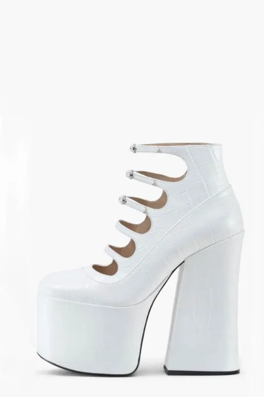Croc Embossed Multi Strap Fastened Up Platform Ankle Boots - White sold by Floralkini