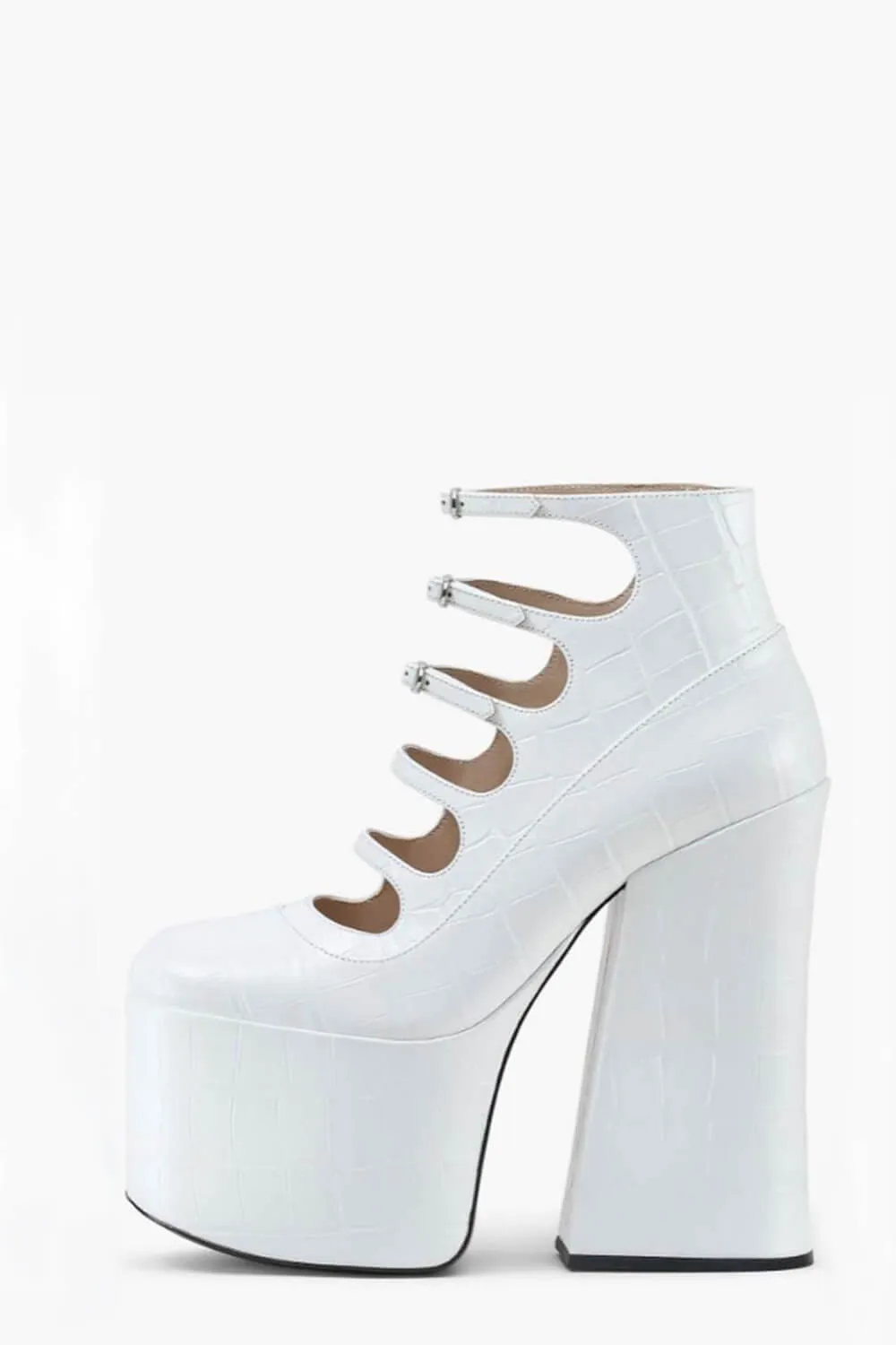 Croc Embossed Multi Strap Fastened Up Platform Ankle Boots - White sold by Floralkini